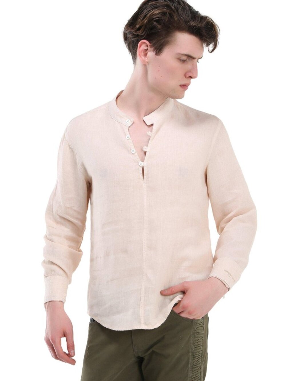RNT 23 Beige Washed Linen Henley/16043